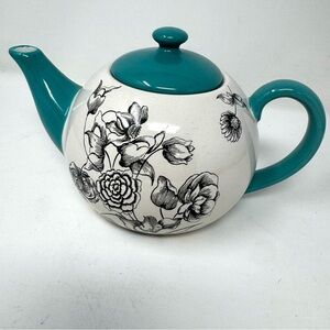 Certified International Jennifer Brinley Black, Ivory & Turquoise Floral Teapot